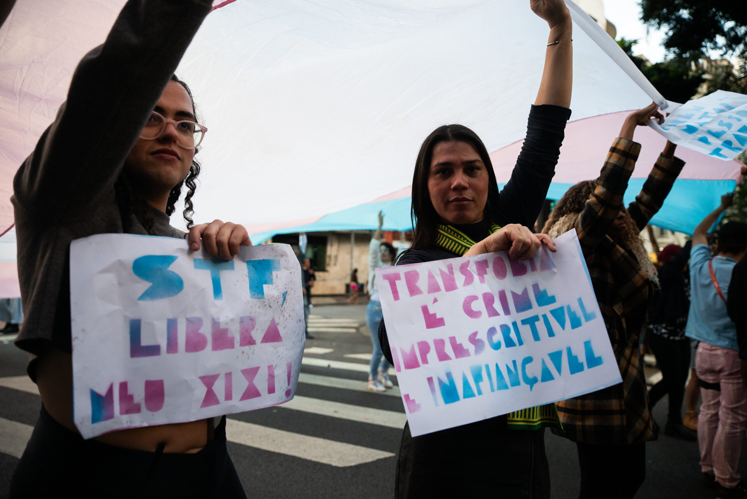 Entre as reivindicações, estavam cartazes pedindo ao STF (Supremo Tribunal Federal) que permita que pessoas trans usem o banheiro do gênero com o qual se identificam. Foto: André Nery/Diadorim