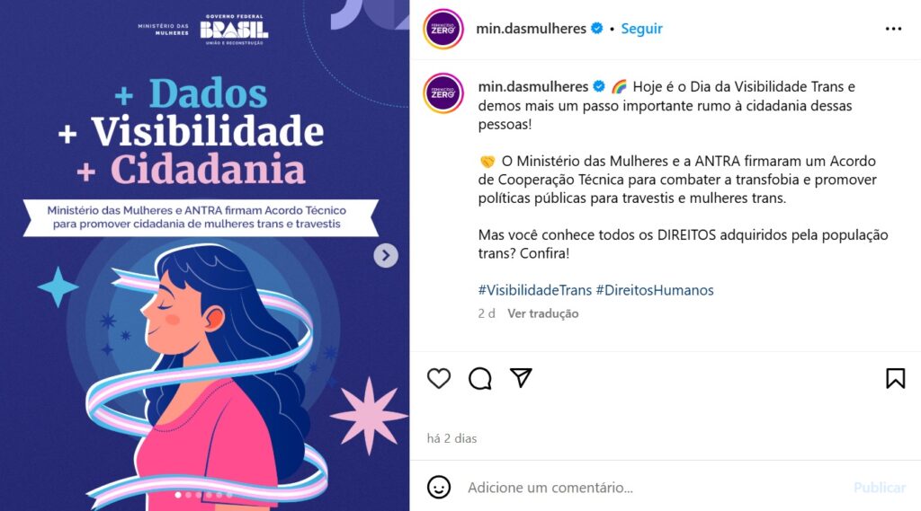 Publicação do Ministério das Mulheres é alvo de ataque no Dia da Visibilidade Trans